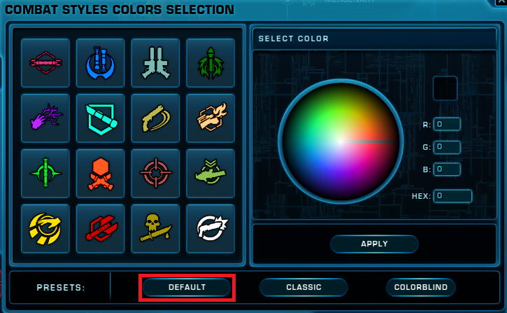 SWTOR Combat Styles Colour Selection Preset - Default