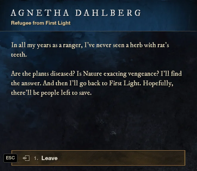 New World First Light Refugee Agnetha Dahlberg dialogue, located Cutlass Keys