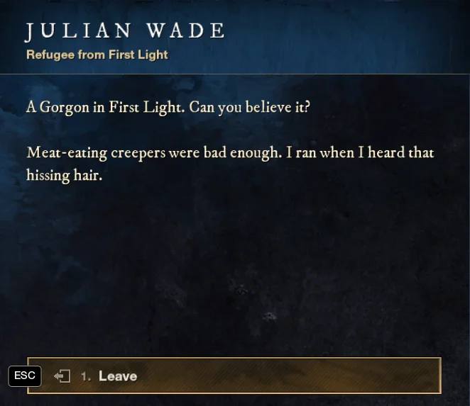 New World First Light Refugee Julian Wade dialogue, located Cutlass Keys